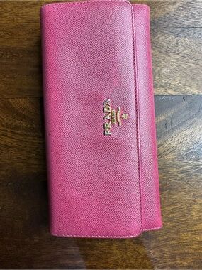 Prada Pink Saffiano Continental Wallet with Gold Logo